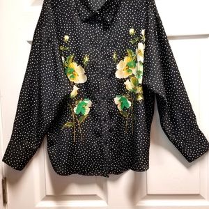 Zara Blouse Multicolor Floral on Black and White Polka Dot Size Large